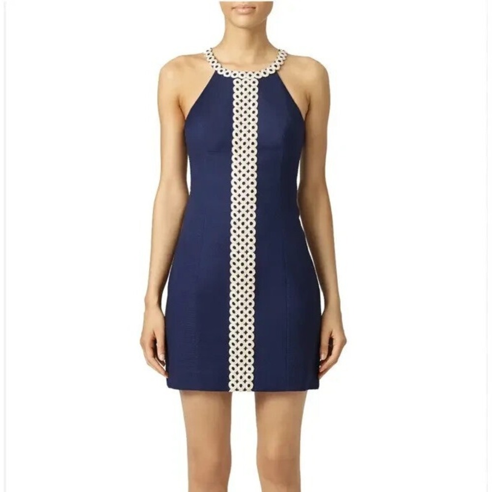 NWOT Lilly Pulitzer Navy Blue Sasha Shift Dress Gold Metallic Lace Trim sz 0
